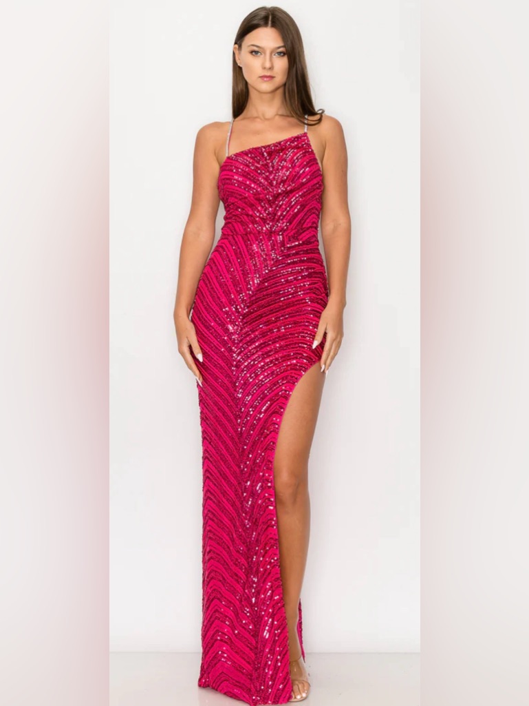 Nwt Minuet Sequin Gown Small Hot Pink One Shoulder Slit Formal Dress